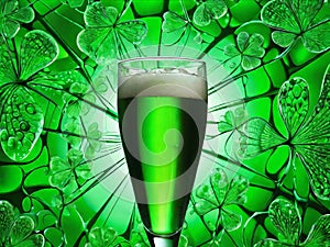 Green beer with splash and clover leaves. Beer is traditionally served on St. Patrick's day.