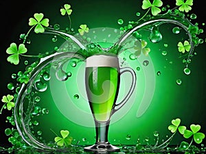 Green beer with splash and clover leaves. Beer is traditionally served on St. Patrick's day.