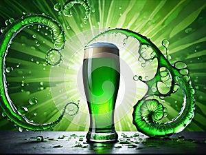 Green beer with splash and clover leaves. Beer is traditionally served on St. Patrick's day.