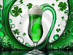 Green beer with splash and clover leaves. Beer is traditionally served on St. Patrick's day.