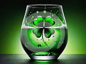 Green beer with splash and clover leaves. Closeup. Beer is traditionally served on St. Patrick's day.