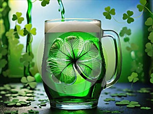 Green beer with splash and clover leaves. Closeup. Beer is traditionally served on St. Patrick's day.