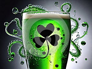 Green beer with splash and clover leaves. Closeup. Beer is traditionally served on St. Patrick's day.