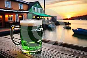 Green beer on wooden table on background of a pub in the evening. St. Patrick's day. Generative AI.