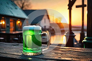 Green beer on wooden table on background of a pub in the evening. St. Patrick's day. Generative AI.