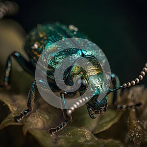 Green beetle portrait. Insect illustration