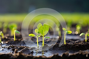 Green beginnings Organic cucumber seedling germinates in the field with plastic