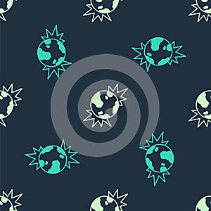 Green and beige Bomb explosive planet earth war danger icon isolated seamless pattern on blue background. Vector