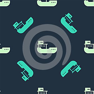 Green and beige Cargo ship icon isolated seamless pattern on blue background. Vector