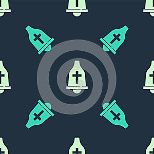 Green and beige Church bell icon isolated seamless pattern on blue background. Alarm symbol, service bell, handbell sign