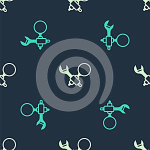 Green and beige Debugging icon isolated seamless pattern on blue background. Debugging tool. Magnifying glass on bug