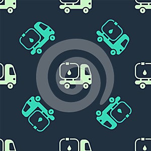 Green and beige Fuel tanker truck icon isolated seamless pattern on blue background. Gasoline tanker. Vector