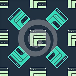 Green and beige Software, web developer programming code icon isolated seamless pattern on blue background. Javascript