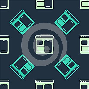 Green and beige Software, web developer programming code icon isolated seamless pattern on blue background. Javascript