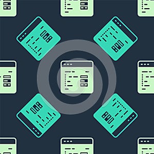 Green and beige Software, web developer programming code icon isolated seamless pattern on blue background. Javascript
