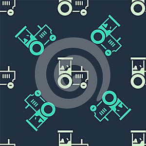 Green and beige Tractor icon isolated seamless pattern on blue background. Vector