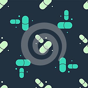 Green and beige Vitamin complex of pill capsule icon isolated seamless pattern on blue background. Healthy lifestyle