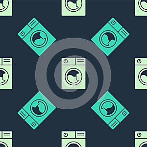 Green and beige Washer icon isolated seamless pattern on blue background. Washing machine icon. Clothes washer - laundry