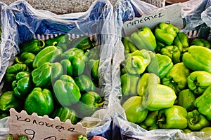 Green Bell Peppers in Boxes at Greek Street Market