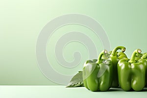 Green bell peppers on a light green background, lot of empty copy space, Horizontal format 3:2