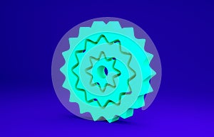 Green Bicycle cassette mountain bike icon isolated on blue background. Rear Bicycle Sprocket. Chainring crankset with