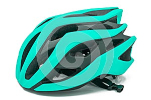 Green bicycle helmet on a white background