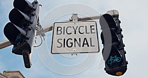 Green bicycle signal flashes, guides city cyclists, bike sign symbolizes safe, eco-friendly urban travel. Vibrant