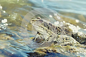 Green big frog in shallow glittering water close up