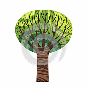 Green big old tree isolated on white vector. Strong cartoon stylized tree stock flat illustration.