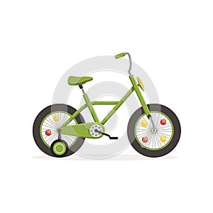 Green bike with training wheels, kids bicycle vector Illustration