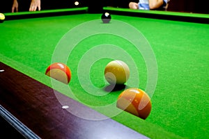 Green billiard table with balls