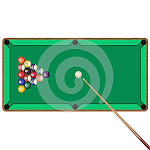 Green billiard table with cue and balls in starting position