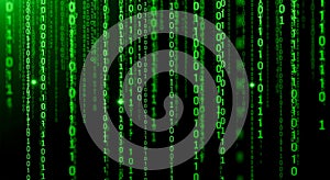 Green binary code background, abstract matrix data rain, technology concept, digital information, computer programming,