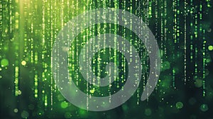 Green binary code with bokeh light effects, symbolizing technology and data, Coding