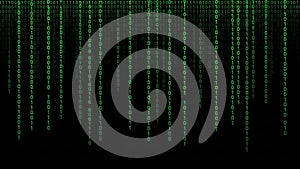 Green binary code cascading down a dark digital screen background