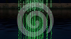 Green binary code cascading into rippling water, digital stream