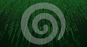 Green binary code cascading in vertical lines on a dark background, reminiscent of