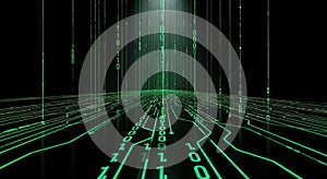 Green Binary Code and Circuit Board Lines Future Technology Background