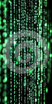 Green Binary Code Data Flowing Down on Computer Screen, Abstract Futuristic Background.
