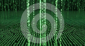 Green binary code falling like rain on a digital circuit or data stream