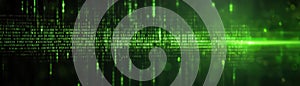 Green binary code matrix background, digital data flow in cyberspace green