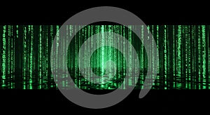 Green Binary Code Matrix Rain in Dark Virtual Void Glowing Neon Digital Data