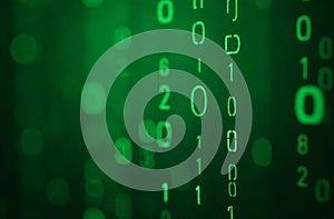 Green Binary Code Numbers Black Screen Abstract Matrix Background. AI Generative