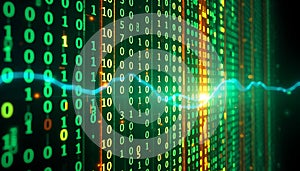 Green binary code rain, digital data stream, Stock Photo, Generative AI