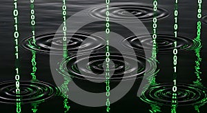 Digital Rain Binary Code Falling into Rippling Water, Representing Data Flow Technology