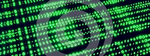 Green binary code streaming on black, digital data flow concept, computer programming, cybersecurity encryption