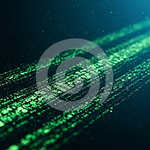 Green binary code streams across a dark background, reminiscent of digital rain. The