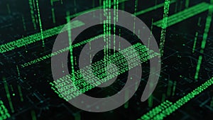 Green digital binary code streams on dark circuit board background data technology