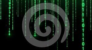 Green binary code streams down against a black backdrop, creating a digital rain effect