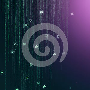 Green binary code streams down a dark background, resembling a digital rain effect.